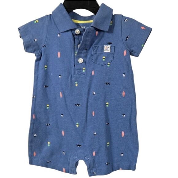 Baby Boy Carter's Shark Sailboat Pique Romper Blue Cotton Polo One-Piece Outfit - Picture 2 of 12